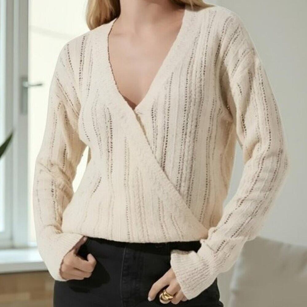 NWT ASTR Wrap Front Pointelle Sweater Cream L